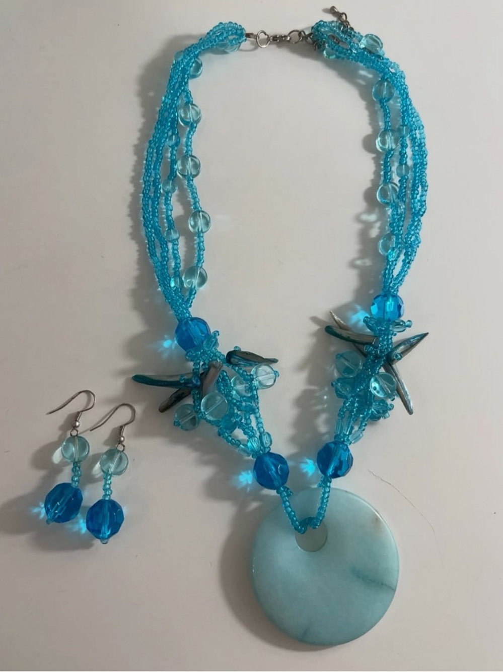 Vintage Larimar Stone Glass Shell Blue Beaded Statement Necklace & Earrings Set